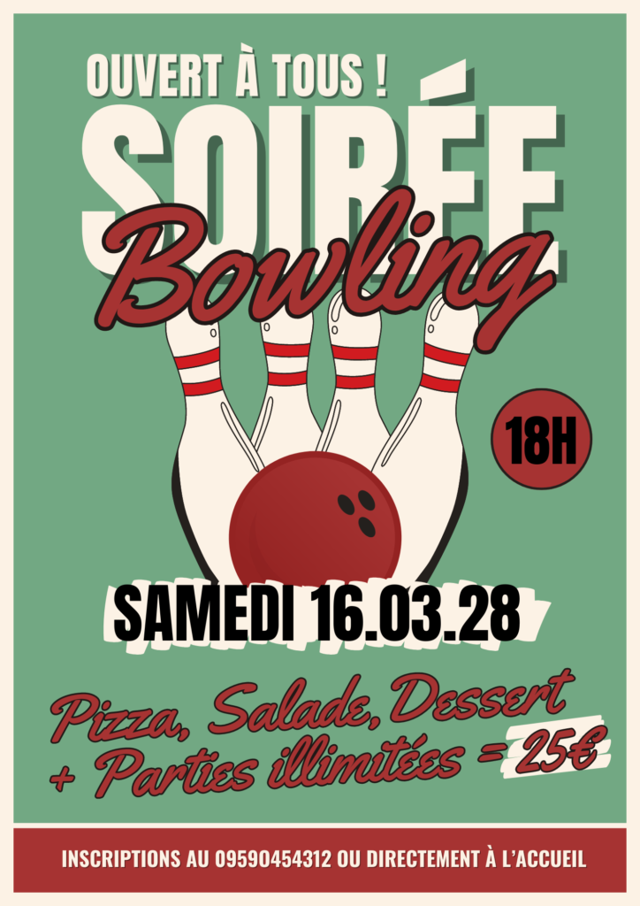 Affiche Evènement Soirée Bowling Ludique Coloré Simple Moderne Illustrations Vert Bordeaux Beige